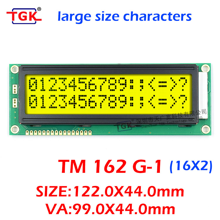 16x2 lcd display factory TM162G-1 big size Large character 122X44mm TGK make