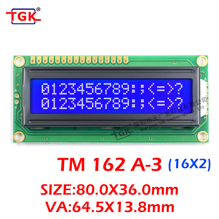 16x2 lcd display factory 1602 display TM162A-3 High tech specification TGK make
